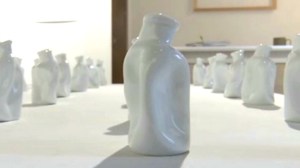 Reproductions of the deformed glass bottle by artist Nanae Kaguma from Nagasaki.