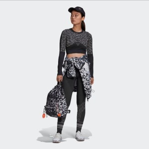 74% recycled polyester seamless crop long sleeve top in black and ash colors of adidas by Stella McCartney,